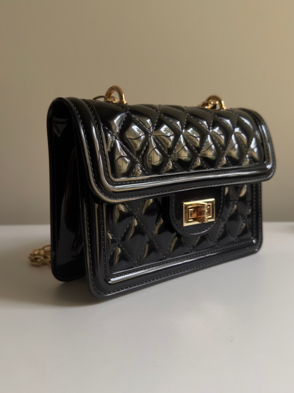 Quilted Patent Leather Shoulder Bag in Black with Gold Hardware